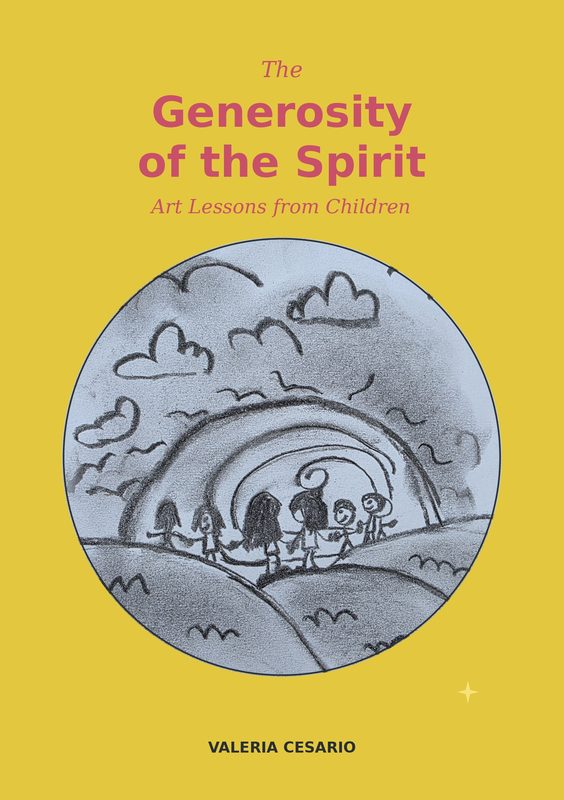 Cover of The Generosity of the Spirit: a child's charcoal drawing of children holding hands beneath an arch, set in a circle on a yellow ground